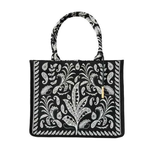 LA FEE MARABOUTE borsa shopper canvass pesante floreale nero/bianco ZUMIRA MADE IN INDIA