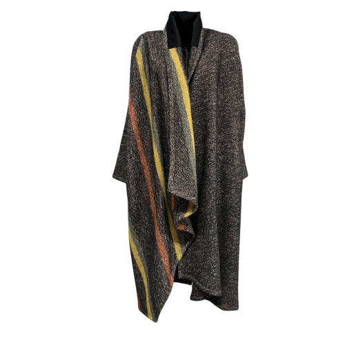 NEIRAMI cappotto donna senza bottoni nero/panna con righe giallo/mattone C010TA MADE IN ITALY
