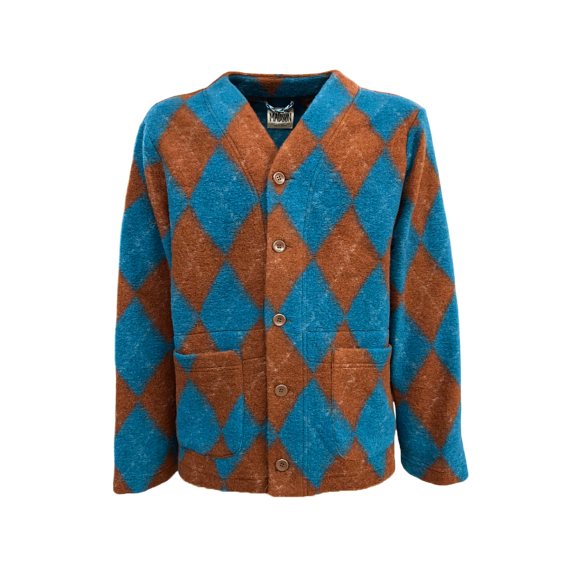 MADSON by BottegaChilometriZero men's cardigan diamond pattern leather/turquoise DU24713 MADE IN ITALY