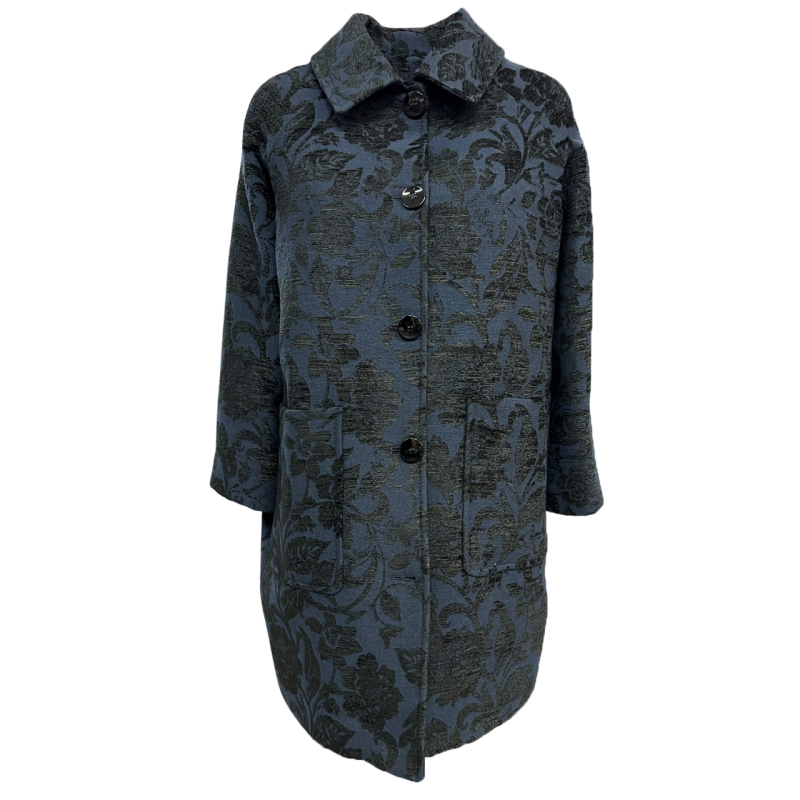 GUTTHA MILANO women's coat damask blue black flowers GUT24069 PASU MADE IN ITALY
