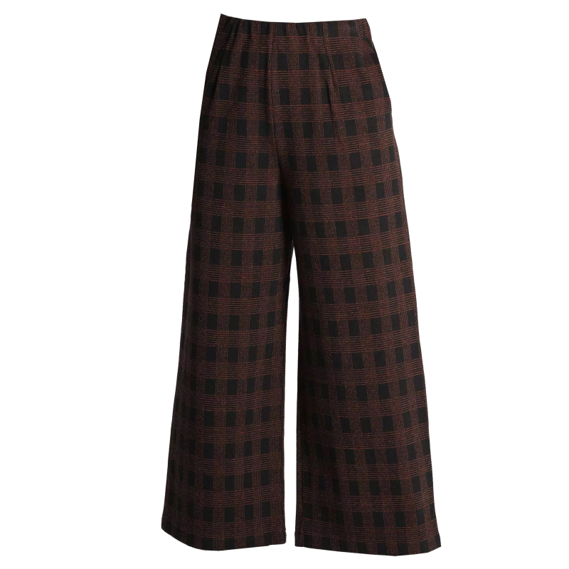 NEIRAMI pantalone donna cropped palazzo cotone pesante nero quadri arancio P009BH MADE IN ITALY