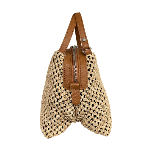 RIPANI borsa donna a mano rafia beige + pelle cervo biscotto E492BF MADE IN ITALY