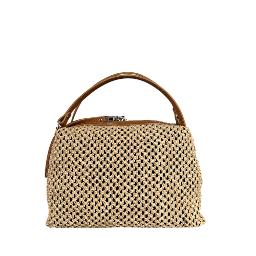 RIPANI borsa donna a mano rafia beige + pelle cervo biscotto E492BF MADE IN ITALY