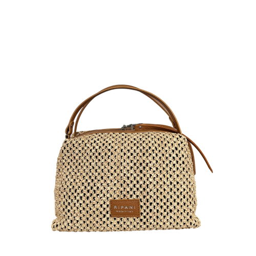 RIPANI borsa donna a mano rafia beige + pelle cervo biscotto E492BF MADE IN ITALY
