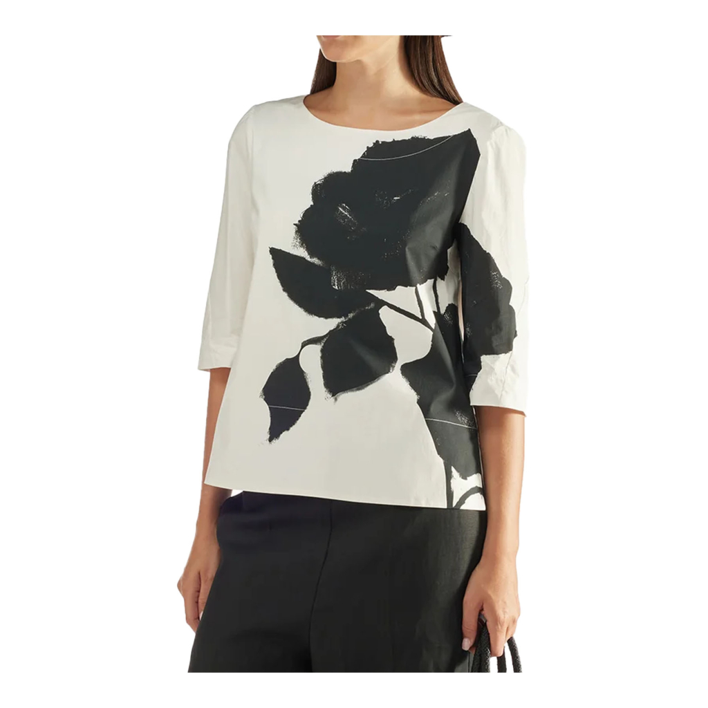 LIVIANA CONTI women's trapeze blouse white black flower print L5SU02 GIOVI MADE IN ITALY