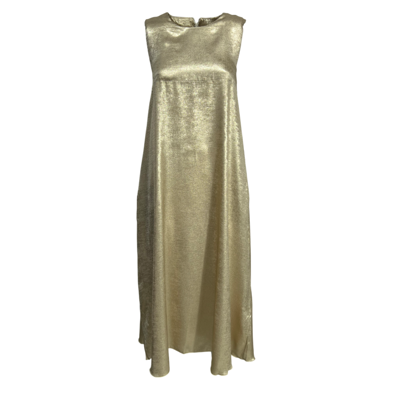 ORIMUSI abito donna lungo tessuto laminato oro svasato NARCISO LUREX MADE IN ITALY
