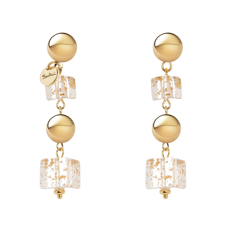 SODINI Kaaba White/Gold Two Cube and Ball Earrings 832117D