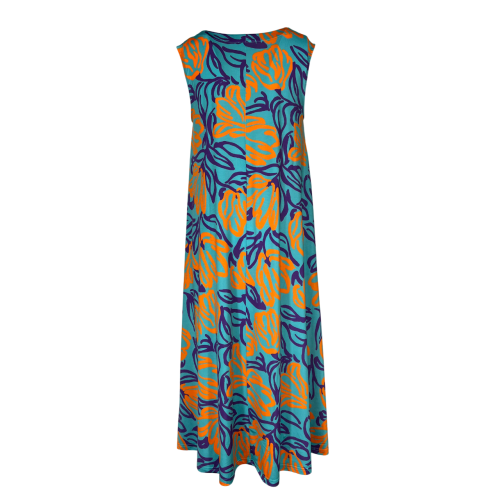 FEELING by JUSTMINE abito svasato acqua/arancio/viola  E2699 6102 ABITO MIDI MADE IN ITALY