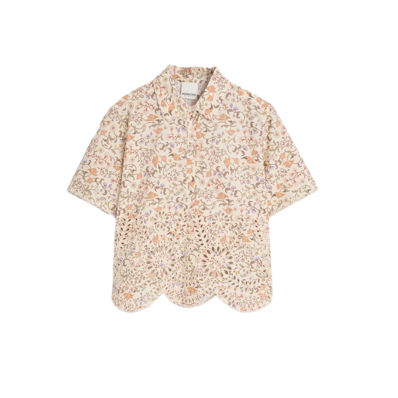INDI&COLD camicia donna fantasia floreale ecru con ricami in tinta MC197 100% cotone sostenibile
