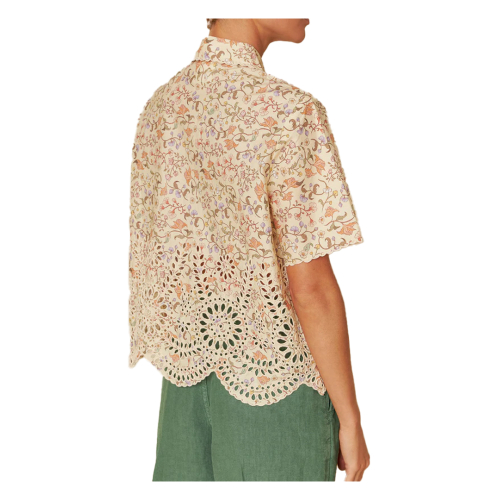 INDI&COLD camicia donna fantasia floreale ecru con ricami in tinta MC197 100% cotone sostenibile