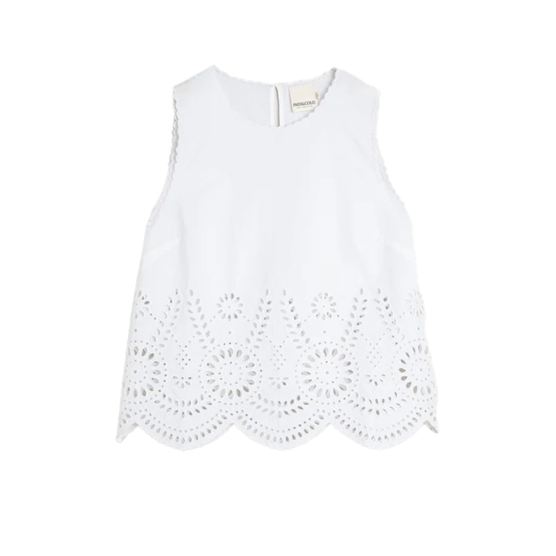 INDI&COLD top donna bianco con ricami in tinta MC196S 100% cotone sostenibile