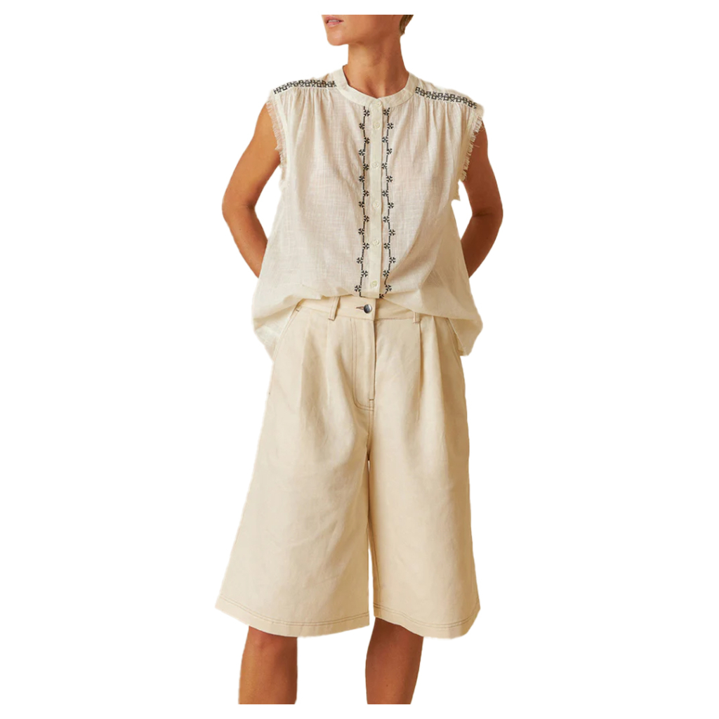 INDI&COLD camicia donna ecru ricami neri BK246.LORE 100% cotone sostenibile