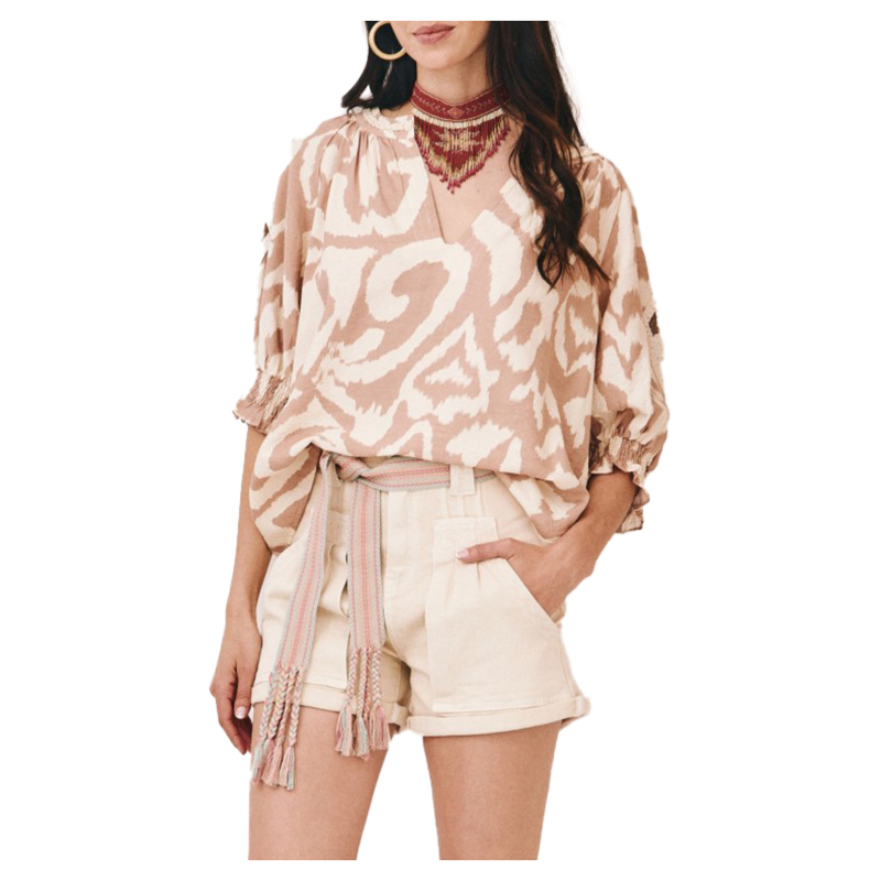 Nüd by NEKANE women's blouse ecru/camel ecru pattern CLARY 85% viscose 15% polyamide