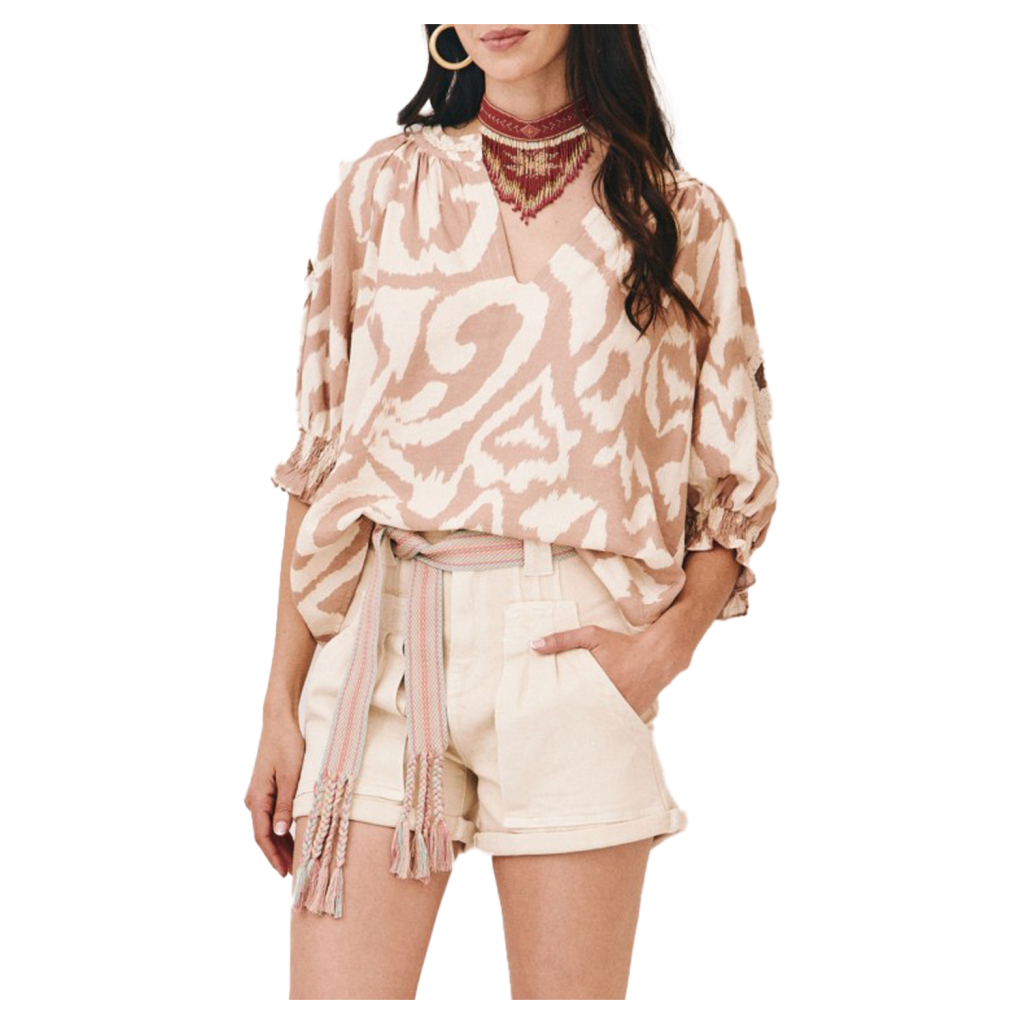 Nüd by NEKANE women's blouse ecru/camel ecru pattern CLARY 85% viscose 15% polyamide
