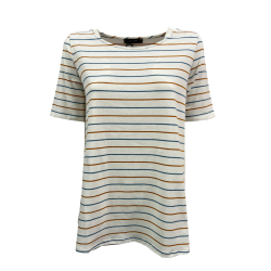 NEIRAMI t-shirt donna svasata righe bicolore bianco/arancio/denim B53PS MADE IN ITALY