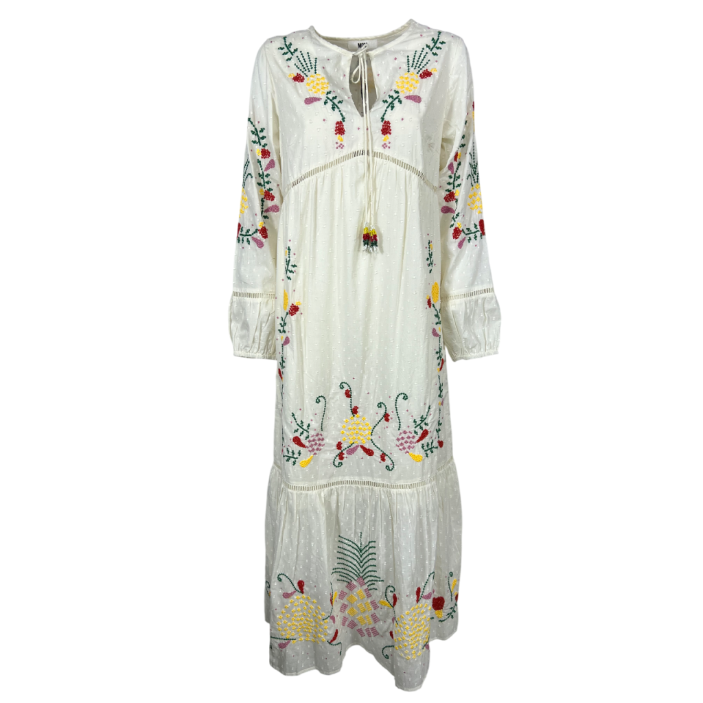 MD’M abito donna avorio con ricami multicolor balza finale 2.75.100.05 100% cotone