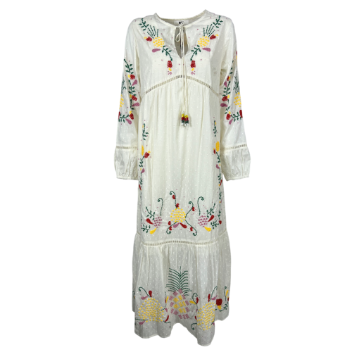 MD’M abito donna avorio con ricami multicolor balza finale 2.75.100.05 100% cotone