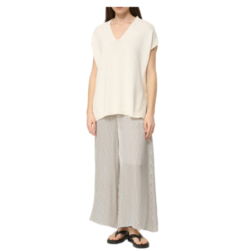 HUMILITY wide women's trousers in cream viscose satin with black stripes BRISTOM-R MADE IN ITALY