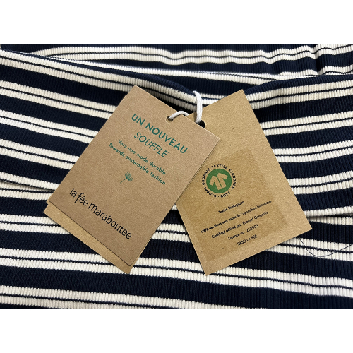 LA FEE MARABOUTEE women's slim t-shirt ecru/blue stripes DLAMA 100% organic cotton