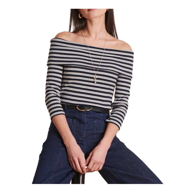 LA FEE MARABOUTEE t-shirt donna slim righe ecru/blu DLAMA 100% cotone ecologico