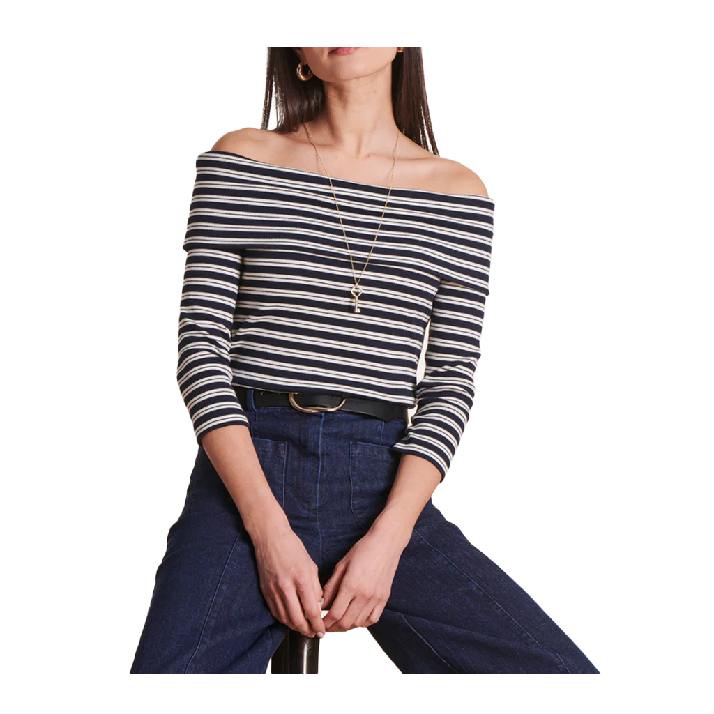 LA FEE MARABOUTEE women's slim t-shirt ecru/blue stripes DLAMA 100% organic cotton