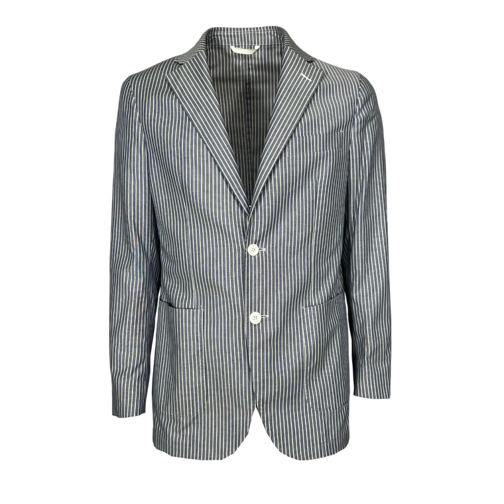LUIGI BIANCHI giacca uomo sfoderata righe blu/ bianco 100% cotone