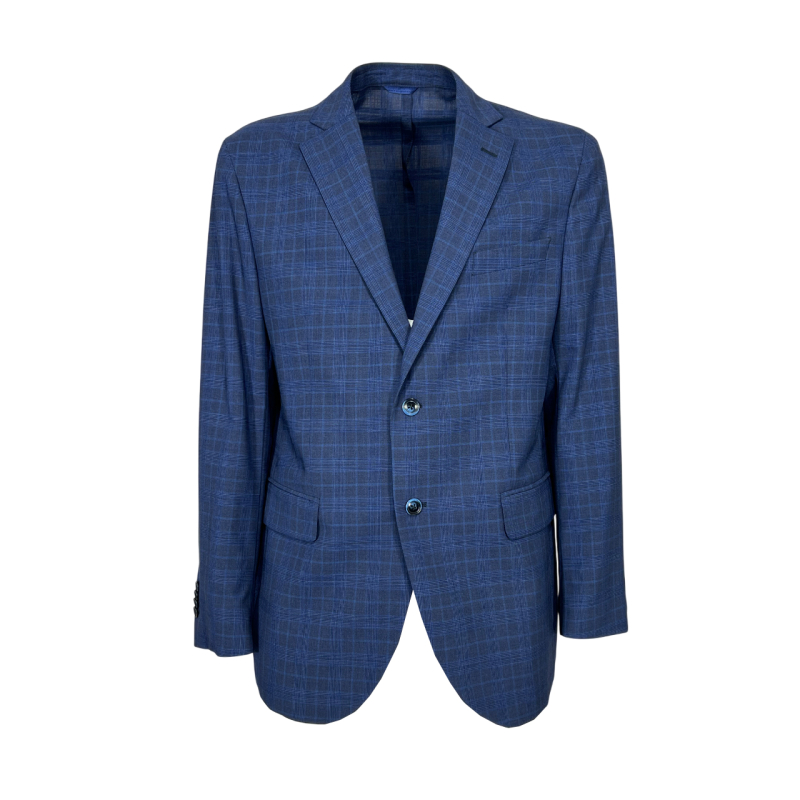 LUIGI BIANCHI men's unlined jacket cool wool Prince of Wales light blue 2470/3 32851/3