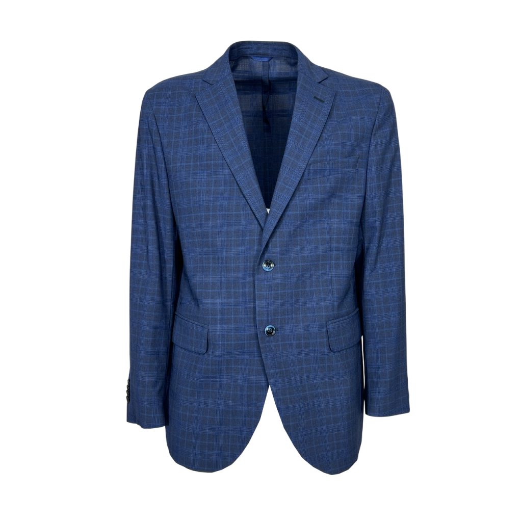 LUIGI BIANCHI men's unlined jacket cool wool Prince of Wales light blue 2470/3 32851/3