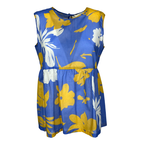 030 top donna voile cotone  azzurro a fiori senape/bianco MADE IN ITALY