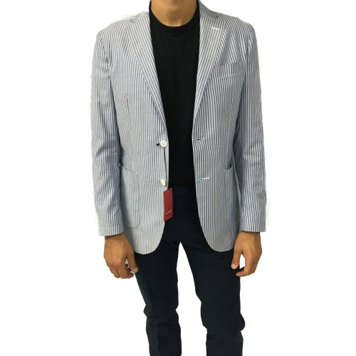 LUIGI BIANCHI unlined jacket men blue / white striped 100% cotton