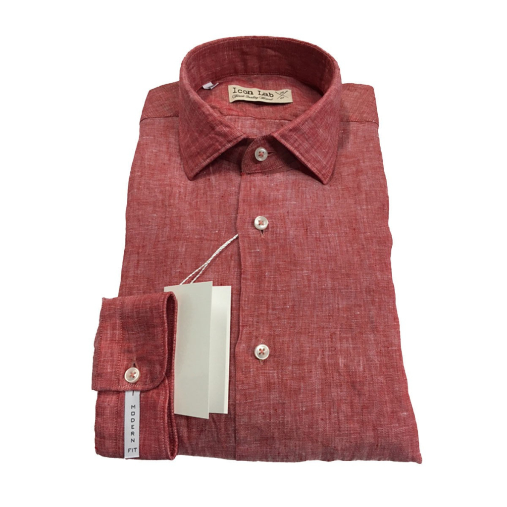 ICON LAB 1961 camicia uomo rosso fiammato manica lunga 100% lino vestibiità slim