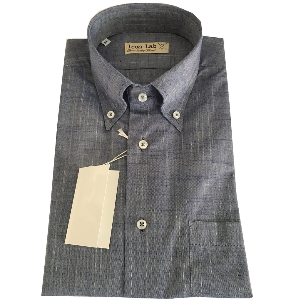 ICON LAB 1961 camicia uomo mezza manica bluchiar fiammata 100% cotone regular fit