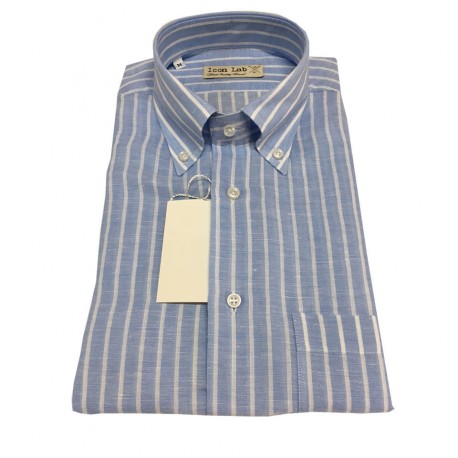 ICON LAB 1961 camicia uomo mezza manica Righe celeste/bianco 58% lino 42% coton