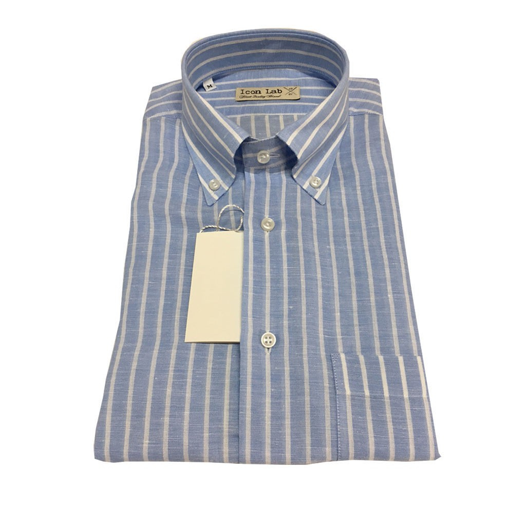 ICON LAB 1961 camicia uomo mezza manica Righe celeste/bianco 58% lino 42% coton