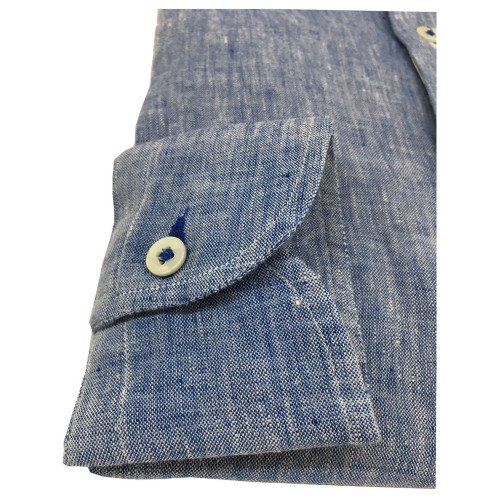 ICON LAB 1961 camicia uomo azzurro fiammato manica lunga 100% lino regular slim asola colorata