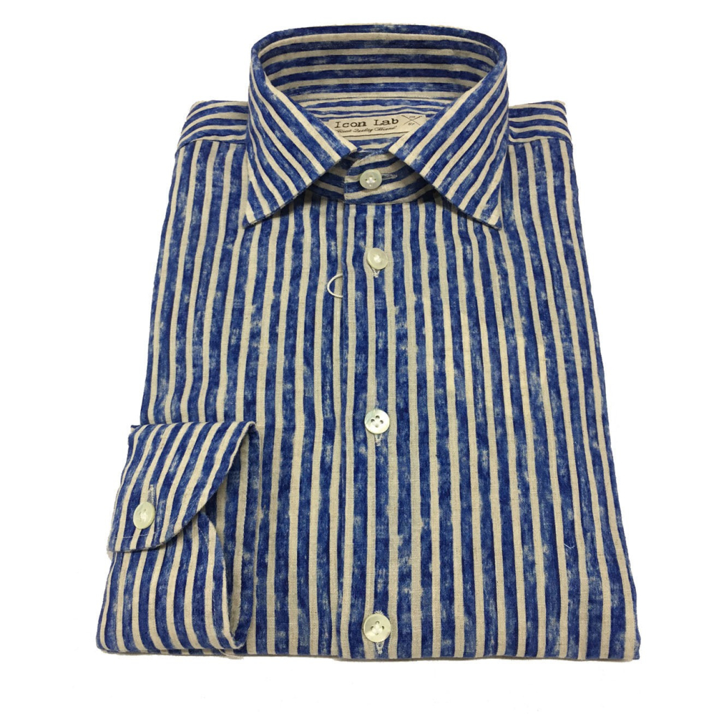 ICON LAB 1961 camicia uomo righe azzurro/beige 50% lino 50% cotone REGULAR SLIM