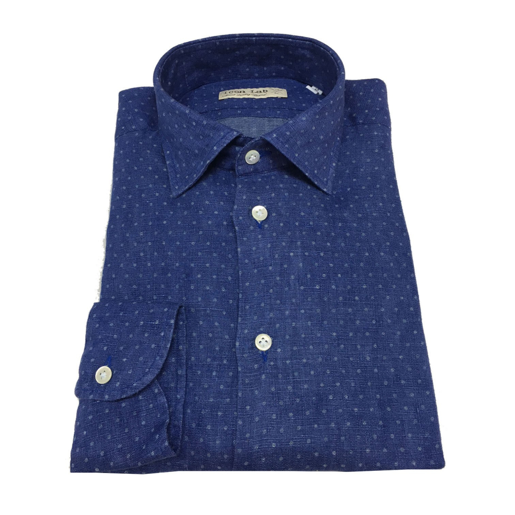 ICON LAB 1961 camicia uomo azzurro pois ghiaccio 100% lino regular slim ICON LAB 1961 camicia uomo azzurro pois ghiaccio 100% lino regular slim