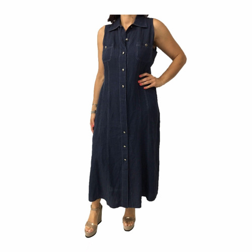 ELENA MIRÒ women dress with blue buttons 100% linen