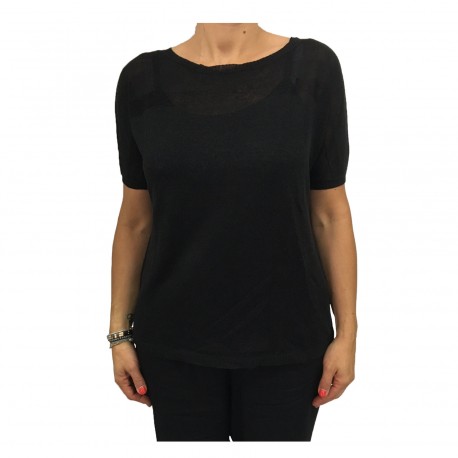 MARINA SPORT by Marina Rinaldi maglia donna nero mezza manica mod ADDETTO 60% lino