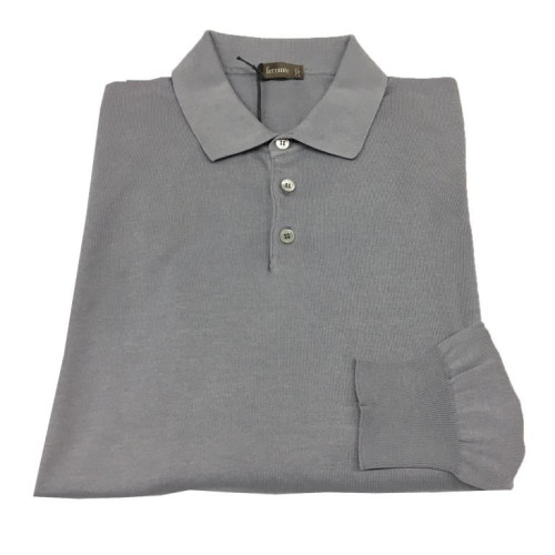 FERRANTE Pearl Grey long sleeve polo shirt with border 