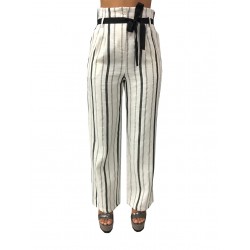 LA FEE MARABOUTEE pantalone donna vita alta bianco righe nero 54% cotone 46% lino MADE IN ITALY