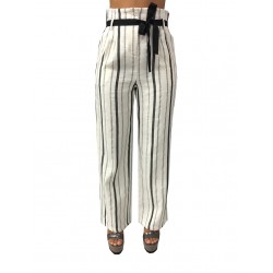 LA FEE MARABOUTEE trousers woman waist high white stripes black 54% cotton 46% linen MADE IN ITALY