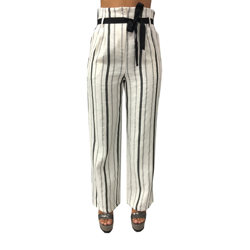 LA FEE MARABOUTEE pantalone donna vita alta bianco righe nero 54% cotone 46% lino MADE IN ITALY LA FEE MARABOUTEE pantalone donna vita alta bianco righe nero 54% cotone 46% lino MADE IN ITALY