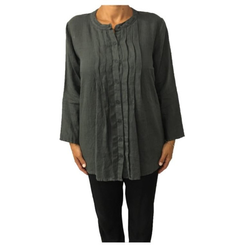 LA FEE MARABOUTEE women's long sleeve shirt gray / green 100% linen MADE IN ITALY