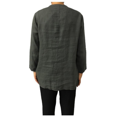 LA FEE MARABOUTEE camicia donna manica lunga grigio/verde 100% lino MADE IN ITALY