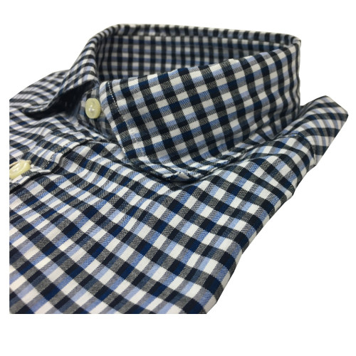 BRANCACCIO camicia uomo quadri blu/azzurro 100% cotone DOPPIO RITORTO