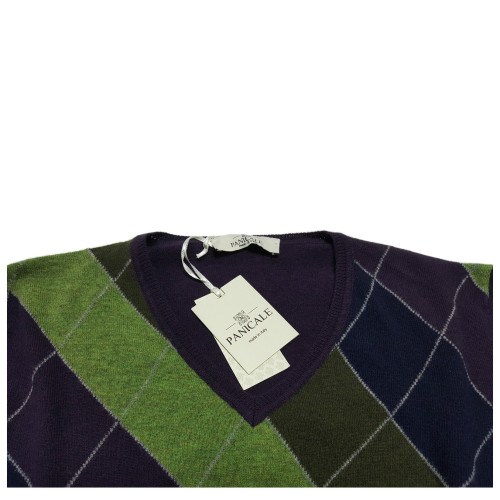 PANICALE maglia uomo,collo a v, disegno argyle colore viola  100% lana MADE IN ITALY