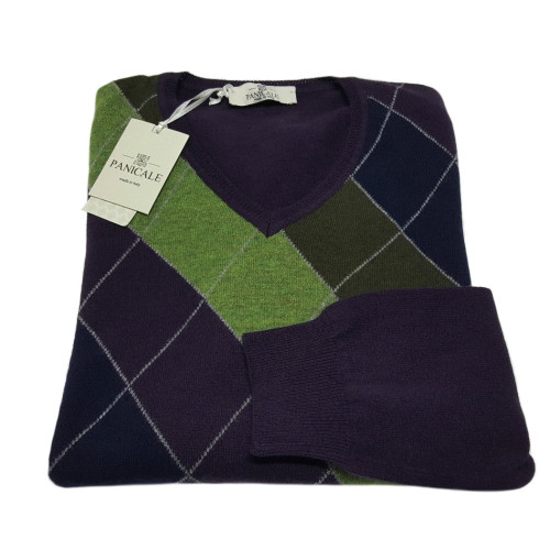 PANICALE maglia uomo,collo a v, disegno argyle colore viola  100% lana MADE IN ITALY