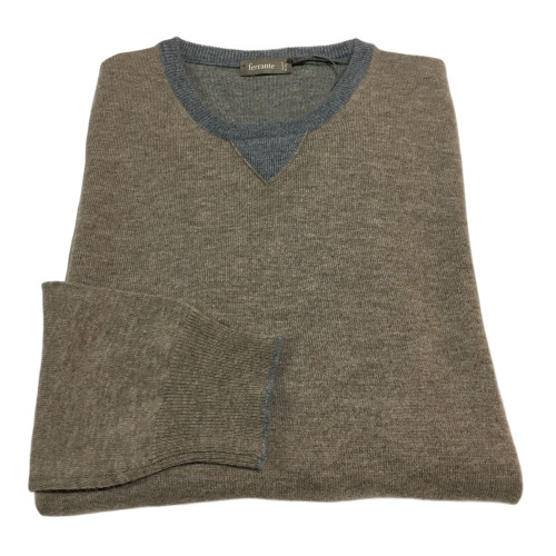 FERRANTE man beige sweater with gray details 100% wool MADE IN ITALY