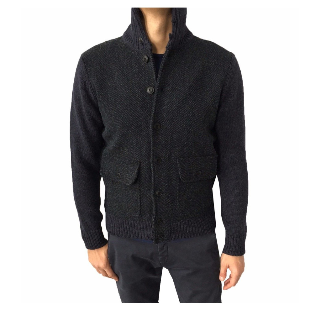 GRP blouson man with barbed front fabric, color blue, 50% alpaca 50% extra-fine merino wool MADE IN ITALY